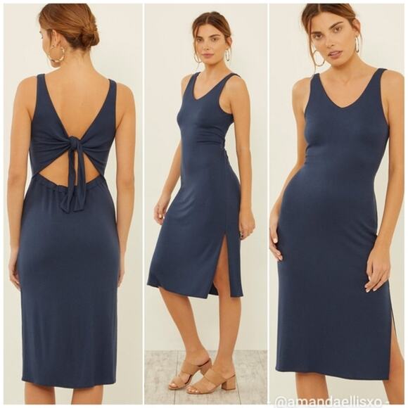 NWT Three Dots Luxe Tie Back Side Slit Night Iris Navy Ci Midi Dress Large - Picture 1 of 16